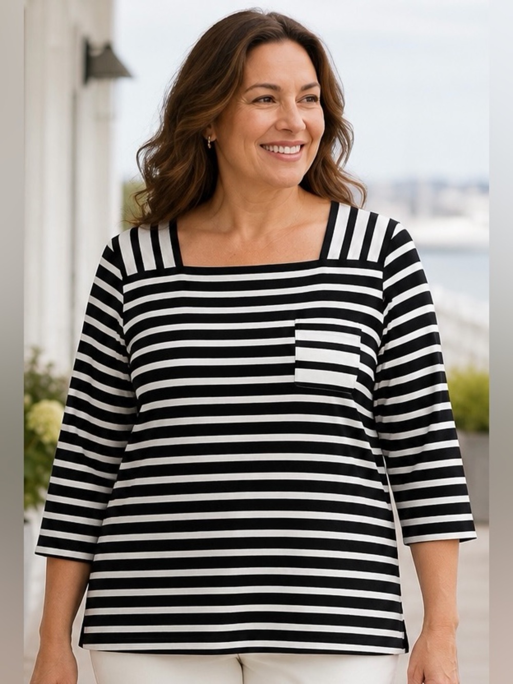 Talbots Plus 2X Black White Striped Cotton Pocket Ultra Soft Top Quiet Luxury